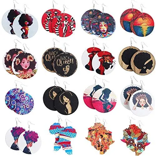 KWHY 16 Pairs Round African Women Earrings Wooden Painted Earrings Ethnic Style Earring Drop Dangle Earrings Set KWHY 16 Pairs Round African Women Earrings Wooden Painted Earrings Ethnic Style Earring Drop Dangle Earrings Set