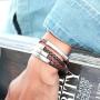 Lizzy James Mini Addison Braided Leather Wrap Bracelet with Silverplate Crescents in Natural Antique Brown Leather