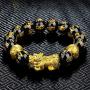 2 Pieces Feng Shui Bracelets Mantra Amulet Bead Obsidian Bracelets with Gold Plated Pi Xiu/Pi Yao for Women Men Adjustable Elastic - Good Luck Wealt (2Pcs pixiu, 12)