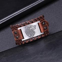 EUEAVAN Norse Viking Fenrir Teen Wolf Talisman Braided Wide Leather Wristband Bracelet
