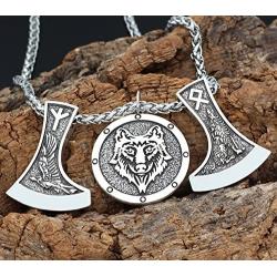 GuoShuang Men viking nordic odins wolf and raven rune pendant necklace