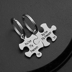 omodofo Valentines Day His and Hers Puzzle Piece Pendant Necklace KeyChain Set Personalized Couples Stamped Chain Keyring