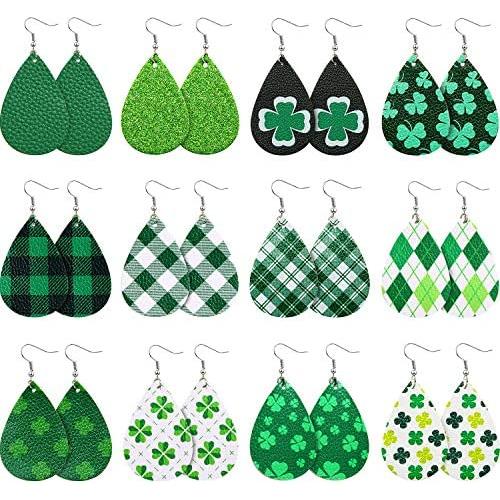 12 Pairs Leather Earrings Leaf Dangle Earring Lightweight Teardrop Earring Shamrock Drop Earrings for Women St. Patricks Day Gift