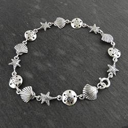 Sterling Silver Beach Bracelet, 7.5'' Length, Sand Dollar Starfish Seashell Pattern
