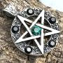 Wicca Jewelry Celtic Pentagram Pentacle Star Green-Black Crystal Gem Wiccan Pagan Witch Magic Healing Protection Amulet Pewter Mens Womens Pendant Necklace Charm for Men Women Silver Ball Chain