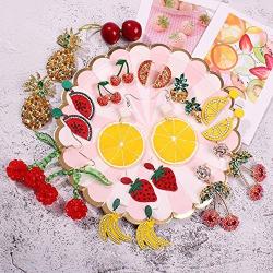 Crystal Colorful Fruit Cherry Drop Earrings Tropical Lemon Pineapple Orange Gold Plated Rhinestone Dangle Earring Boho Summer Statement Holiday Party Wedding Jewelry for Women Girl