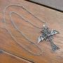 Gothic Jewelry winged Bat Vampire Cross Occult Magic Wicca Pagan Medieval Renaissance Pewter Unisex Mens Pendant Necklace Charm Protection Amulet Talisman for men w Silver Stainless Steel Chain