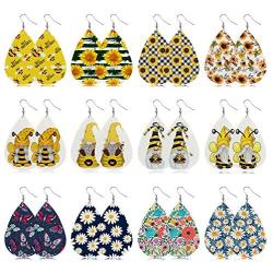 Stology Spring Faux Leather Earrings for Women Set of 12, Bee Gnomes Teardrop Dangle Earrings Bulk Buffalo Plaid Check Daisy Sunflower Butterfly Girls Fashion Jewelry Holiday Accessory