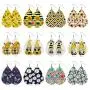 Stology Spring Faux Leather Earrings for Women Set of 12, Bee Gnomes Teardrop Dangle Earrings Bulk Buffalo Plaid Check Daisy Sunflower Butterfly Girls Fashion Jewelry Holiday Accessory