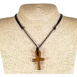 BlueRica Hand Carved Wood Ankh Cross Pendant on Adjustable Black Rope Cord Necklace