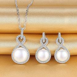 EleQueen 925 Sterling Silver CZ AAA Button Cream Freshwater Cultured Pearl Bridal Jewelry Necklace Earrings Set Ivory