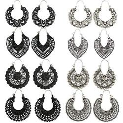 SERYNOW 8 Pairs Silver Black Bohemian Tribal Earring For Women Girls Sunflower Drop Dangle Earrings Black Heart Boho Vintage Earrings Mandala Flower Earrings