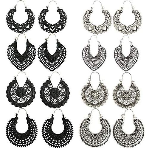 SERYNOW 8 Pairs Silver Black Bohemian Tribal Earring For Women Girls Sunflower Drop Dangle Earrings Black Heart Boho Vintage Earrings Mandala Flower Earrings
