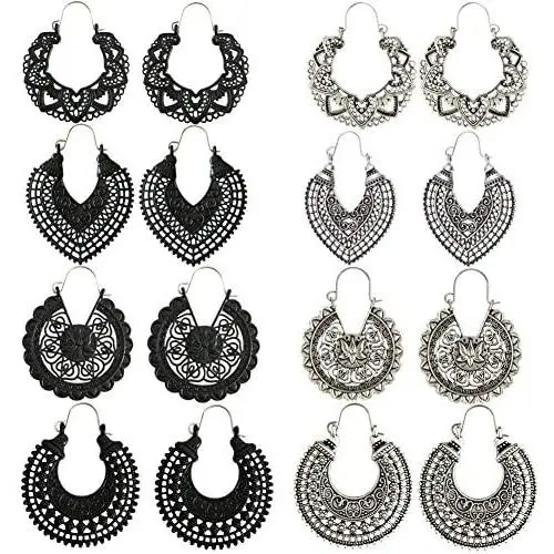 SERYNOW 8 Pairs Silver Black Bohemian Tribal Earring For Women Girls Sunflower Drop Dangle Earrings Black Heart Boho Vintage Earrings Mandala Flower Earrings