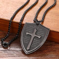 Cupimatch Men Shield Armor of God Ephesians 6:16-17 Faith Cross Necklace, Stainless Steel Pendant Necklace,Black