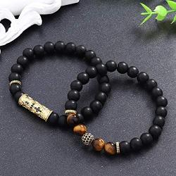 Finrezio 4PCS Bead Bracelet Men Women Black Matte Onyx Tiger Eye Crown King Panther Charm Elastic Adjustable Natural Stone Beads Bracelets Set