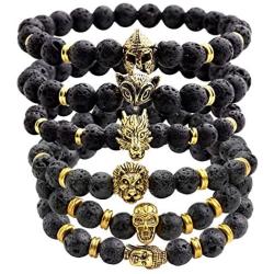 Jovivi Jewelry 6pc Men Women 8mm Mix Style Gold Plated Lion/Wolf/Fox/Sparta Helmet Black Lava Energy Stone Beads Stretch Bracelet