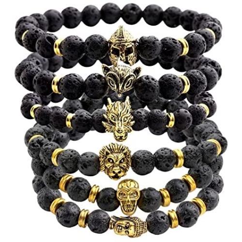 Jovivi Jewelry 6pc Men Women 8mm Mix Style Gold Plated Lion/Wolf/Fox/Sparta Helmet Black Lava Energy Stone Beads Stretch Bracelet