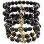 Jovivi Jewelry 6pc Men Women 8mm Mix Style Gold Plated Lion/Wolf/Fox/Sparta Helmet Black Lava Energy Stone Beads Stretch Bracelet