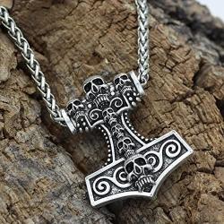 Viking Thor`s Hammer Hand Carved 7 Skull Head Pendant Antique Silver Metal Chain Rune