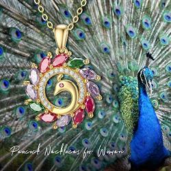 Blocaci 14K Yellow Gold Peacock Pendant Necklaces for Women Cubic Zirconia Anniversary Valentines Day, Jewelry for Wife Girlfriend Mother, 18