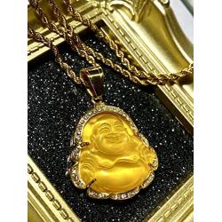 Men Women Jewelry Iced Laughing Yellow Jade Buddha Pendant Necklace Rope Chain Genuine Certified Grade A Jadeite Jade Hand Crafted, Jade Necklace, 14k Gold Over Laughing Jade Buddha Necklace, Yellow Violet Jade Medallion, Fast Prime Shipping