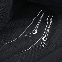 Tassel Moon Star Threader Drop Dangle Earrings for Women Girls Elegant Fashion Hollow Star Silver Plated Long Chain Hanging Earrings Minimalist Dangling Hypoallergenic Piercing Gifts Daughter Birthday