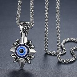 Aoiy Mens Stainless Steel Fleur-de-lis Evil Eye Protection Biker Pendant Necklace, 24'' Chain