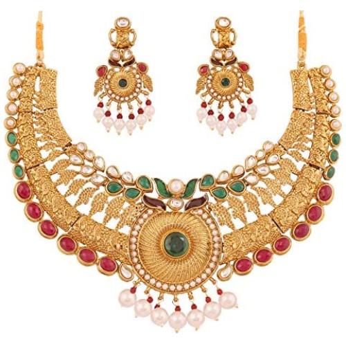Touchstone Indian Bollywood Handcrafted Traditional Royal Mughal Kundan Polki Meenakari Enamel Colorful Wedding Designer Jewelry Long Necklace Set in Gold and Silver Tone for Women.