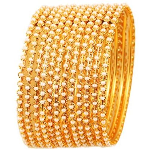Touchstone New Pearl Bangle Collection. Indian Bollywood Traditional and Exclusive Thin Designer Jewelry Bangle Bracelets Embellished with Faux Pearls. Antique Gold Tone for Women.