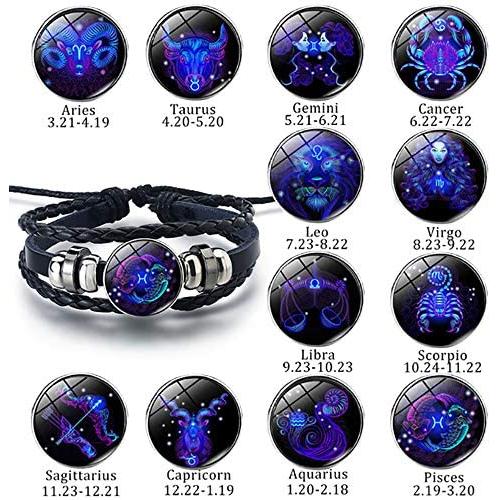 Ding Li Bracelet for Women, Punk Black Woven Leather Rope Bracelet, 12 Constellation Retro Adjustable Bracelets Men and Women