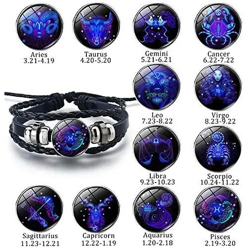 Ding Li Bracelet for Women, Punk Black Woven Leather Rope Bracelet, 12 Constellation Retro Adjustable Bracelets Men and Women Ding Li Bracelet for Women, Punk Black Woven Leather Rope Bracelet, 12 Constellation Retro Adjustable Bracelets Men and Women