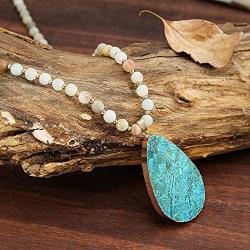 Boho Handmade Natural Ocean Jasper Picasso Jasper Imperial Jasper Pendant Long Strand Amazonite Bead Necklace for Women Men