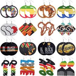 FUTTMI 16 Pairs African Map Women Earrings Round Natural Wooden Painted Earrings Ethnic Style Dangle Earring Set for Women Girls