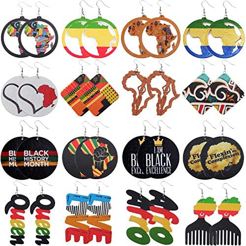 FUTTMI 16 Pairs African Map Women Earrings Round Natural Wooden Painted Earrings Ethnic Style Dangle Earring Set for Women Girls
