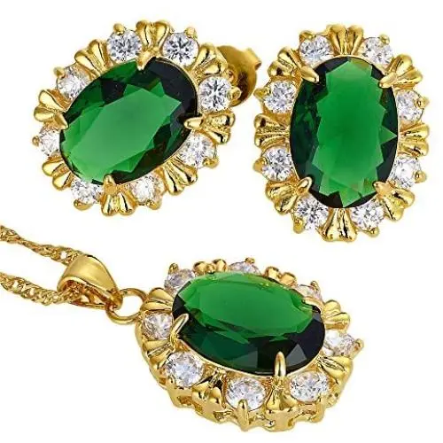 RIZILIA BLOSSOM Jewelry Set Pendant with 18'' Chain & Stud Earrings Oval Cut CZ [3 Colors available] in Yellow Gold Plated, Simple Modern Elegant