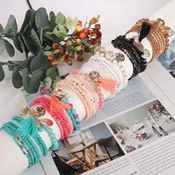 Thunaraz 4-6Pcs Multi Layered Beaded Bracelets for Women Stackable Bracelet Sets Bohemian Tassel Charm Bangle Coin Pendant Christmas Valentine Colorful Women Jewelry Set