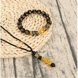 Thunaraz Feng Shui Black Obsidian Wealth Bracelet Necklace Set for Mens Women Pi Xiu Black Obsidian Amulet Bead Bracelet Good Lucky Wealthy Jewelry
