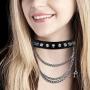 Flongo Gothic Black Rivet Leather Spiked Necklace Neckband Choker, Unisex Accent Spike Studded Punk Rock Biker Link Wide Strap Leather Collar Choker Necklace for Christmas