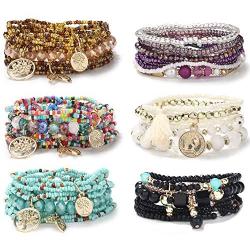 CASSIECA 6 Sets Bohemian Stackable Bracelets for Women Multilayered Stretch Bead Bracelet Set Boho Bangles Multicolor Fashion Jewelry