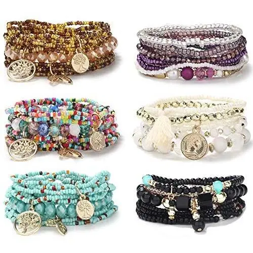 CASSIECA 6 Sets Bohemian Stackable Bracelets for Women Multilayered Stretch Bead Bracelet Set Boho Bangles Multicolor Fashion Jewelry CASSIECA 6 Sets Bohemian Stackable Bracelets for Women Multilayered Stretch Bead Bracelet Set Boho Bangles Multicolor Fashion Jewelry