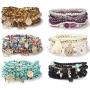CASSIECA 6 Sets Bohemian Stackable Bracelets for Women Multilayered Stretch Bead Bracelet Set Boho Bangles Multicolor Fashion Jewelry