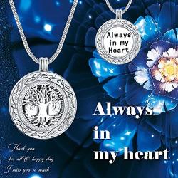 Ado Glo Christmas Memorial Gifts, Always in My Heart with 1 or 2 Vials Urn Locket Pendant Necklace, Tree of Life Cremation Jewelry for Ashes, Keepsake for Dad Sister Grandma Aunt Wife Daughter Mom