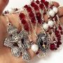 elegantmedical Ladder to Heaven Red Crystal & AAA10MM Pearl Beads Catholic Holy Family Rosary Cross crucifix Necklace gift