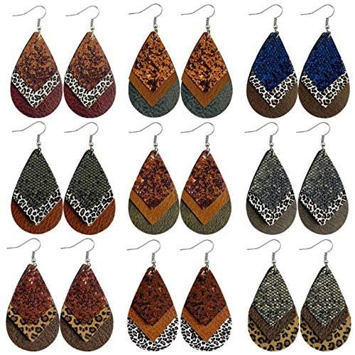 16 Pairs Leather Earrings for Women Girls Teardrop Leaf Flower Leopard Print Petal Drop Earrings Antique Lightweight Leather Earring Set