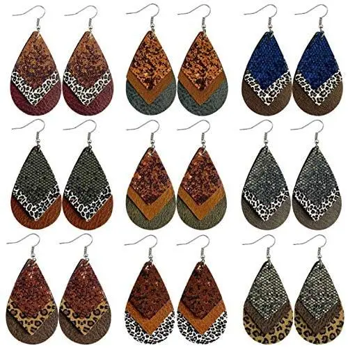 16 Pairs Leather Earrings for Women Girls Teardrop Leaf Flower Leopard Print Petal Drop Earrings Antique Lightweight Leather Earring Set