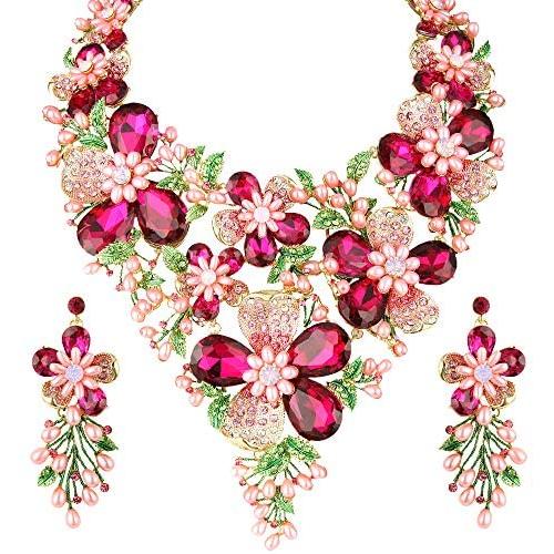 EVER FAITH Crystal Rhinestone White Simulated Pearl Gorgeous Spring Flower Leaf Plant Jewelry Set