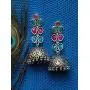 Crunchy Fashion Bollywood Jewellery Traditional Ethnic Bridal Bride Wedding Bridesmaid Oxidised Silver Pink- Green Indian Jhumka Jhumki Earrings Jewelry For Women