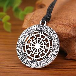 My Shape Nordic Runes Talisman Necklace Sun Wheel Pendant Necklace Pagan Amulet Jewelry Gift (Silver)