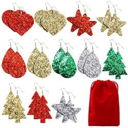 URATOT 12 Pairs Christmas Glitter Faux Leather Earrings for Women Girls Christmas Tree Star Drop Earrings Teardrop Long Dangle Earrings with Red Velvet Storage Bag for Xmas Jewelry Accessory